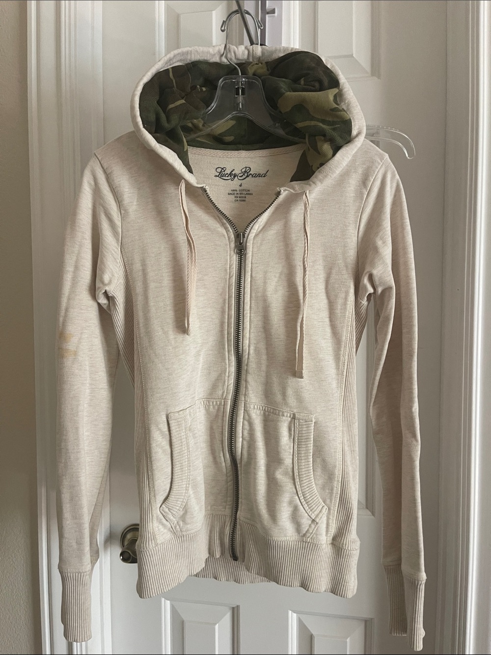 Lucky Brand Cream Zip-Up Hoodie with Green Camo Hood Lining